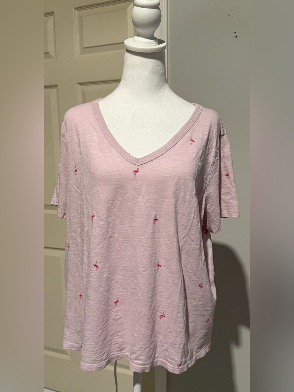 Old Navy Light Pink V-Neck Tee with Tiny Flamingo Motifs